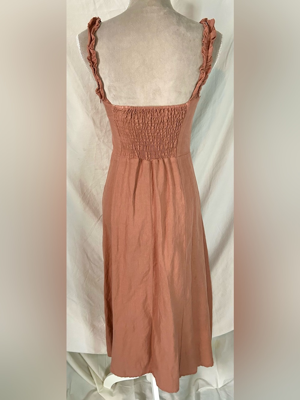 Zara Terracotta Ruffle Bow Linen/Cotton Blend Midi Dress, Size S - Picture 10 of 16